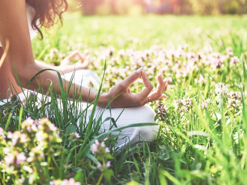 Yoga meditation in a park on the grass is a healthy woman at rest.